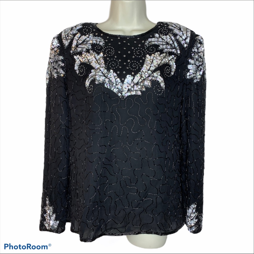 Vintage Laurence Kazar Black Sequined Beaded Evening Blouse Long Sleeved Top